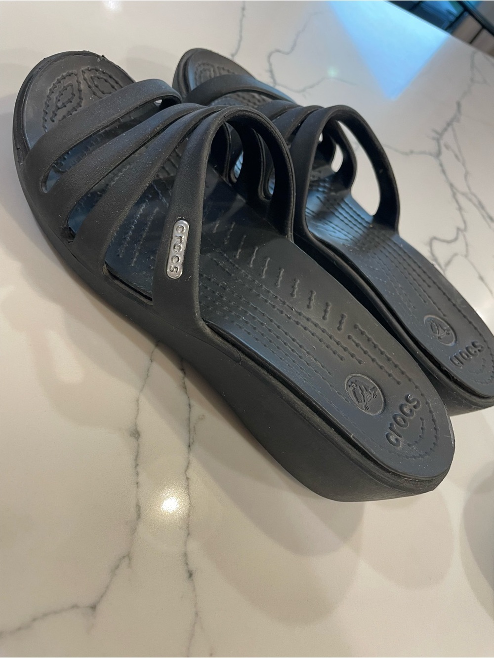 Crocs Rhonda Black Wedge Slide On Strappy Sandals